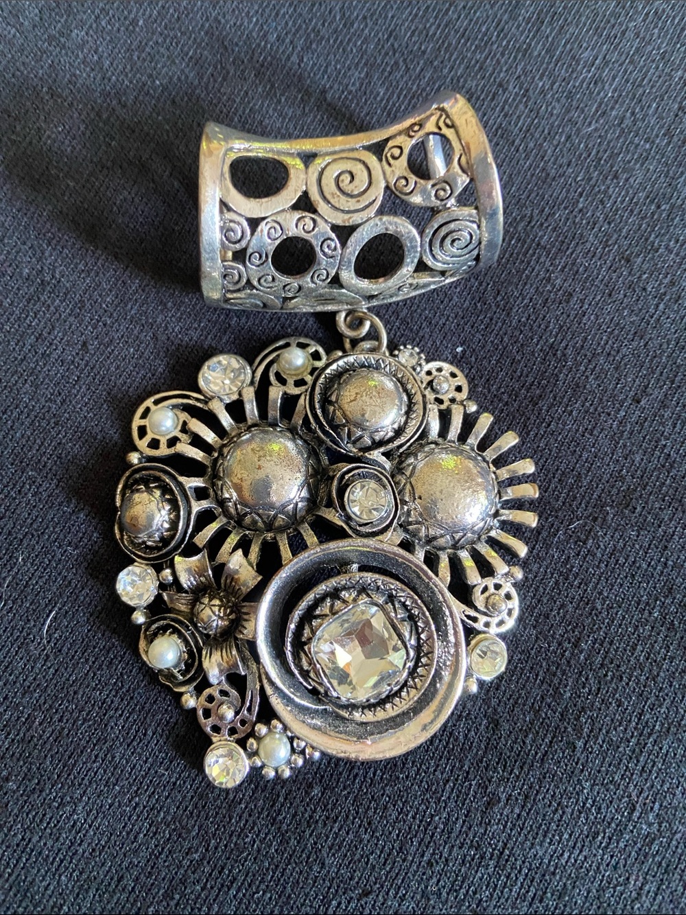 Ornate Silver-Tone Floral Cluster Pendant Necklace